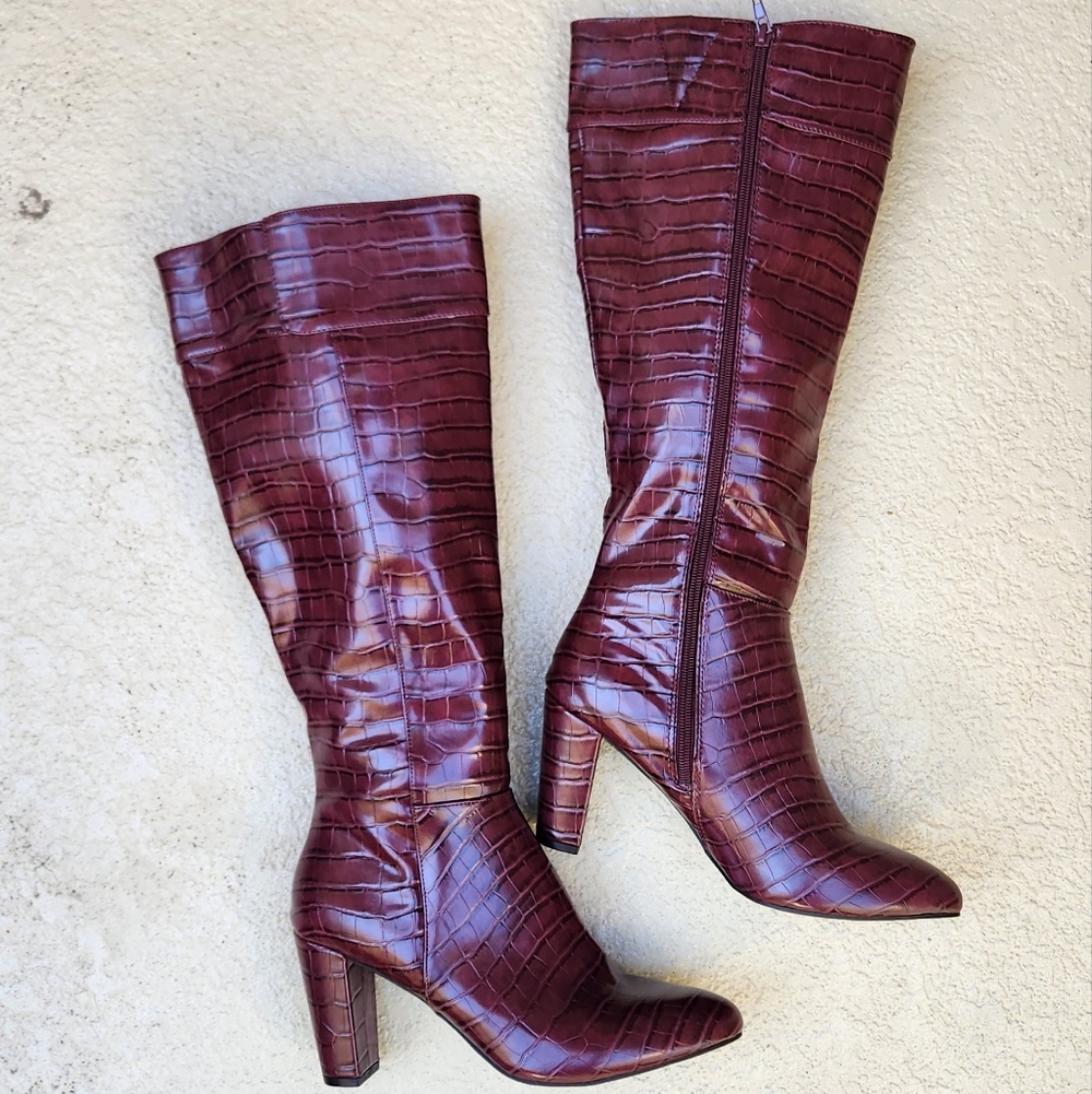 Burgundy Croc-Embossed Knee-High Boots